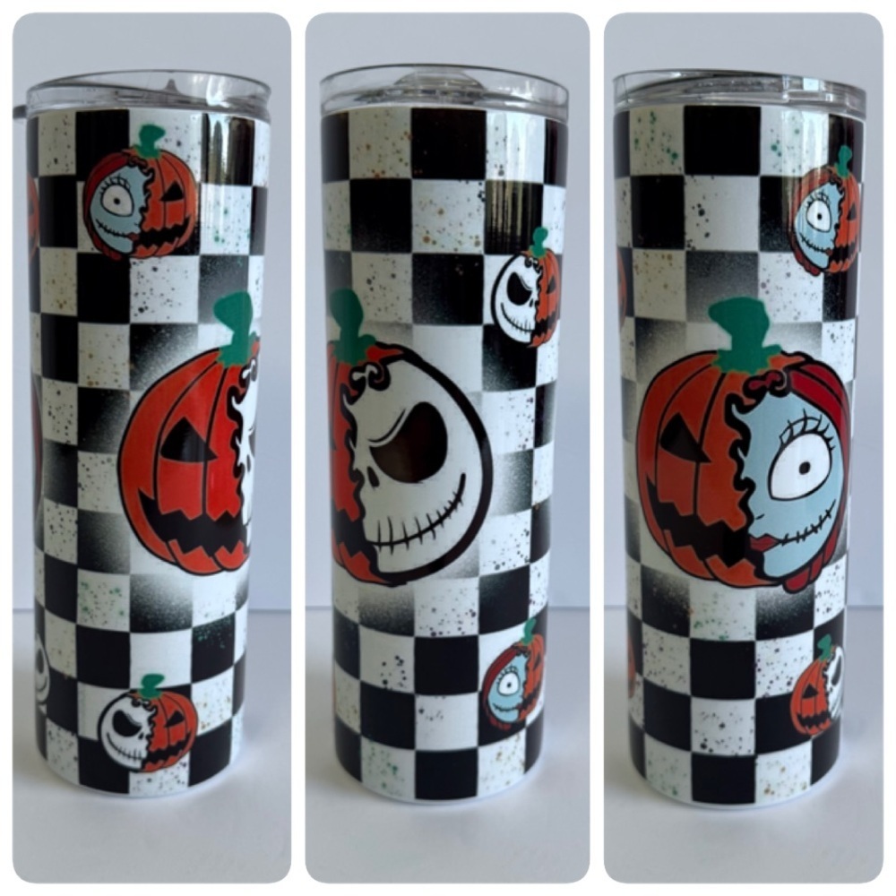 Halloween Jack & Sally Checkered 20oz Skinny Tumbler